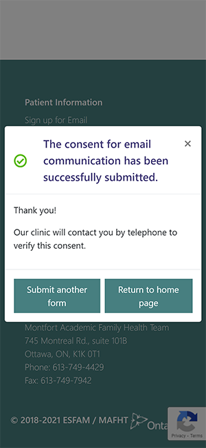 Screen capture of esfam.ca email sign-up confirmation.
